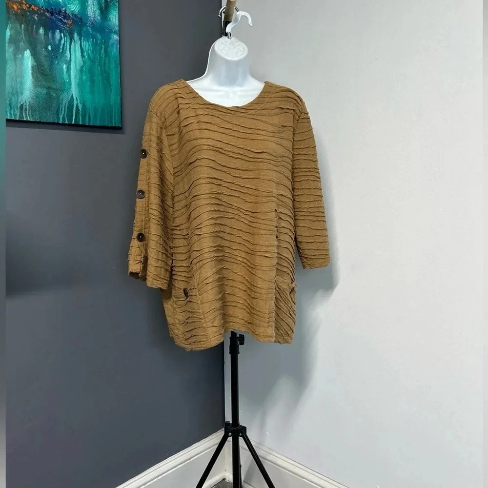Women’s 1X  Top Lagenlook Pockets Minimalist 3/4 Sleeve‎ Textured Artsy Boxy